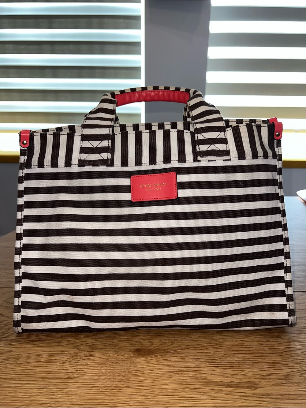 henri bendel chocolate and White Striped Tote with coral pink Accents